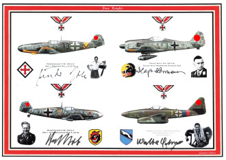 Luftwaffe, DIN A4 Druck "Four Knights" Ritterkreuzträger Günther Rall, Hajo Herrmann, Hans Ekkehard Bos und Walter Schuck, jeweils  mit eigenhändiger Unterschrift nach 1945.