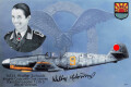 Walter Schuck, Jagdgeschwader 5, Ritterkreuz mit Eichenlaub, Eigenhändige Nachkriegs Unterschrift auf dekorativer Zusammenstellung 10 x 15cm