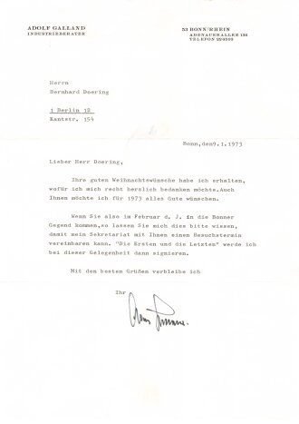 Adolf Galland, Kommodore Jagdgeschwader 26, eigenhändige Unterschrift nach 1945 auf persönlichem Briefpapier, datiert 1973