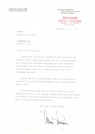 Adolf Galland, Kommodore Jagdgeschwader 26, eigenhändige Unterschrift nach 1945 auf persönlichem Briefpapier, datiert 1973