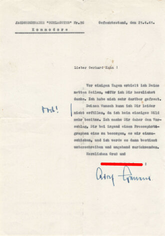 Adolf Galland, Kommodore Jagdgeschwader 26, eigenhändige Unterschrift auf Schriftverkehr , datiert 1941