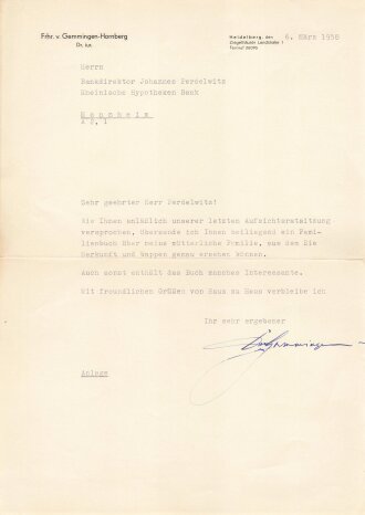 Freiherr von Gemmingen Hornberg, eigenhändige Unterschrift auf Schriftverkehr , datiert 1958