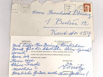 Karl Dönitz,  Großadmiral der Kriegsmarine und Befehlshaber der U-Boote. Eigenhändige Unterschrift auf Dankeskarte von 1972, samt zugehörigem Umschlag