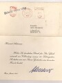 Konrad Adenauer, Deutscher Bundeskanzler von 1951-1955, gedruckte Unterschrift auf Dankeskarte anlässlich seines 90. Geburtstages.. Samt zugehörigem Umschlag