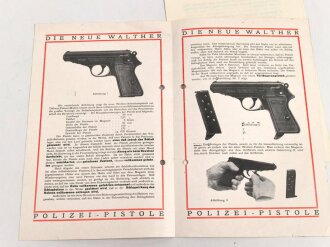 " Die neue Walther Polizei Pistole ( Modell P.P.)  DON A4 Faltblatt, gelocht. Dazu " Merkblatt über die Trageweise der Dienstpistole