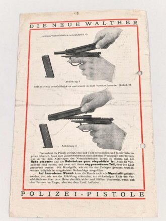 " Die neue Walther Polizei Pistole ( Modell P.P.)  DON A4 Faltblatt, gelocht. Dazu " Merkblatt über die Trageweise der Dienstpistole