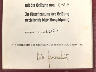 BDM Siegerurkunde in dekorativer DIN A5 Mappe " 1.Sieg bei der Untergaumeisterschaft im Skilauf des Untergaues Innsbruck Land 8 584) , datiert 1941