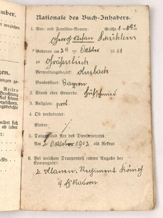 Bayern Militärpaß , eingestellt am 2.10.1902...