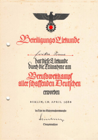 Reichsberufswettkampf 1938,  Teilnahmeurkunde DIN A5