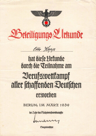 Reichsberufswettkampf 1939,  Teilnahmeurkunde DIN A5