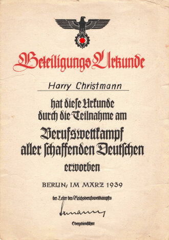 Reichsberufswettkampf 1939,  Teilnahmeurkunde DIN A5