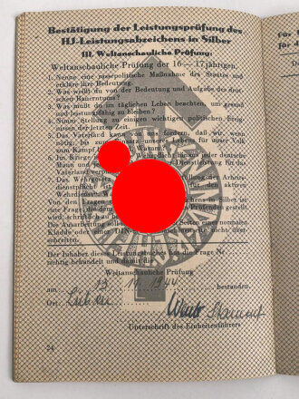 Leistungsbuch der Hitler-Jugend,eingetragenes Leistungsabzeichen in Silber