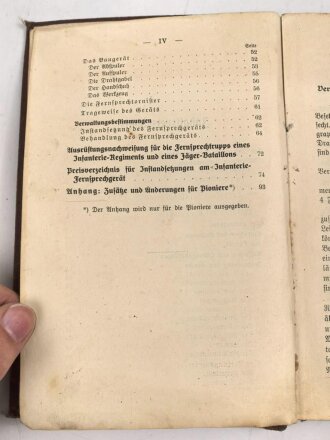 D.V.E. Nr. 376 " Vorschrift für den Infanterie Fernsprechdienst vom 1. August 1914" mit 90 Seiten, stark Gebraucht