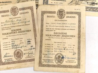 Bayern, neun Besitzzeugnisse für einen erfolgreichen Sportler und Kleinkaliberschützen des "Veteranen- und Kriegervereins Redwitz bei Rodach" Jeweils DIN A5
