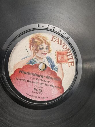 Kaiserreich und 1. Weltkrieg, Schellack Platte "Favorite"  Victoria Marsch / Hindenburg Marsch