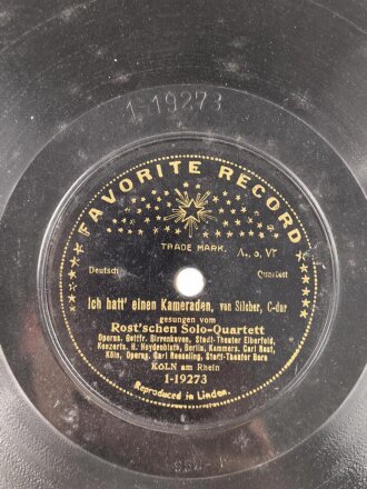 Kaiserreich und 1. Weltkrieg, Schellack Platte "Favorite Record"  Ich hatt einen Kameraden / Morgenrot