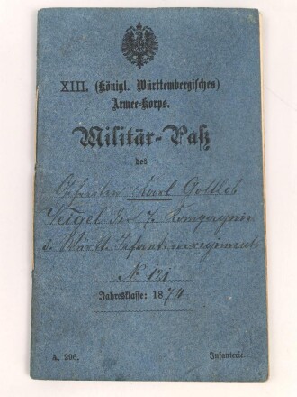 Württemberg Militärpaß, eingestellt 1874 bei Infanterie Regiment Nr. 121