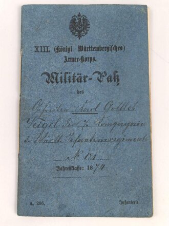Württemberg Militärpaß, eingestellt 1874...