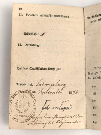 Württemberg Militärpaß, eingestellt 1874 bei Infanterie Regiment Nr. 121