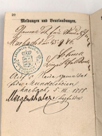 Württemberg Militärpaß, eingestellt 1874 bei Infanterie Regiment Nr. 121