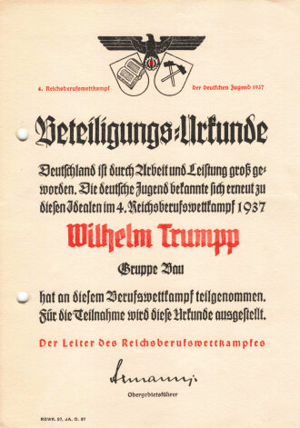 Reichsberufswettkampf 1938, Teilnahmeurkunde DIN A5