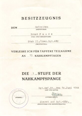 Gruppe Verleihungsurkunden eines Angehörigen des Grenadier Regiment 480, Feldzug gegen Rußland