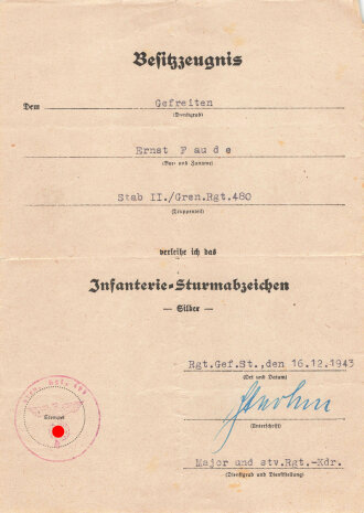 Gruppe Verleihungsurkunden eines Angehörigen des Grenadier Regiment 480, Feldzug gegen Rußland