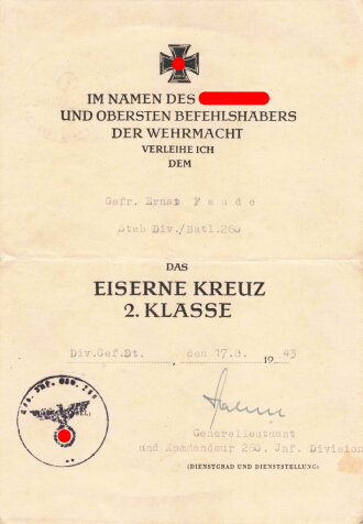 Gruppe Verleihungsurkunden eines Angehörigen des Grenadier Regiment 480, Feldzug gegen Rußland