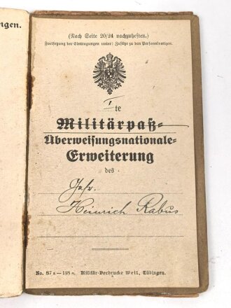1. Weltkrieg Militärpaß, eingestellt am 26.Oktober 1904.