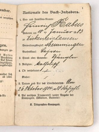 1. Weltkrieg Militärpaß, eingestellt am 26.Oktober 1904.