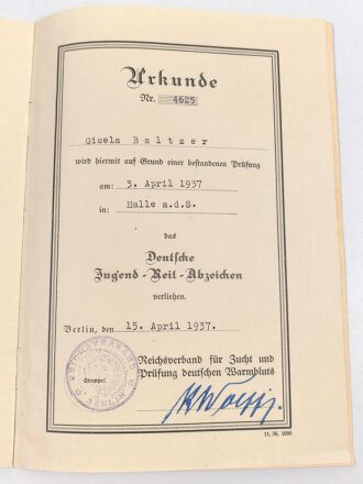 Deutsches Jugend Reitabzeichen, Urkundenheft samt Verleihungsurkunde von 1937