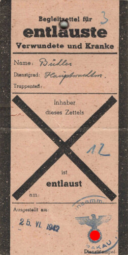 Begleitzettel für entlauste Verwundete oder Kranke,...
