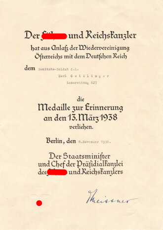 Verleihungsurkunde "Medaille zur Erinnerung an den 13. März 1938" ausgestellt auf einen Sanitäts Soldaten beim Lazarettzug 627. DIN A4