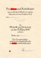 Verleihungsurkunde "Medaille zur Erinnerung an den 13. März 1938" ausgestellt auf einen Sanitäts Soldaten beim Lazarettzug 627. DIN A4