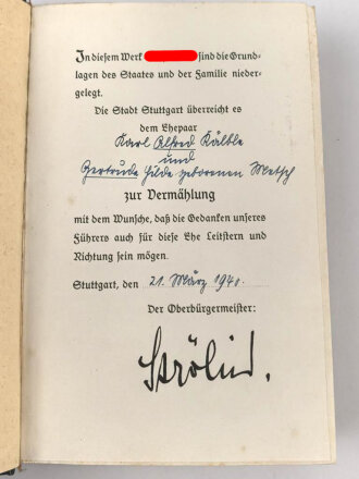 Adolf Hitler " Mein Kampf" Hochzeitsausgabe für ein Ehepaar aus Stuttgart, datiert 1940 mit Goldschnitt