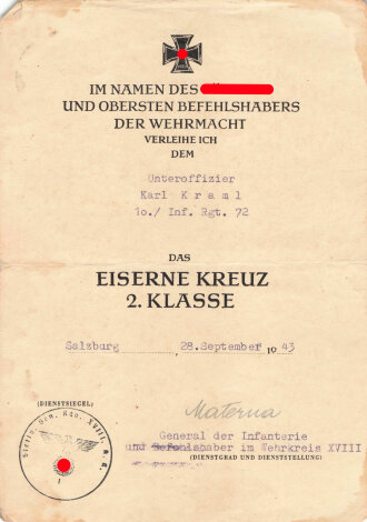 Gruppe Wehrpaß und Verleihungsurkunden eines Angehörigen im Infanterie Regiment 72