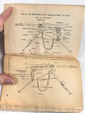 "Beschreibung, Handhabung und Bedienung des M.G. 34 als leichtes M.G., schweres M.G. und in der Fliegerabwehr Teil 1 und 2" datiert 1939, 96 Seiten, DIN A6, Wasserschaden