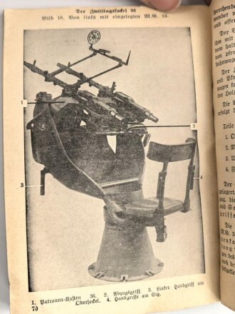 "Beschreibung, Handhabung und Bedienung des M.G. 34 als leichtes M.G., schweres M.G. und in der Fliegerabwehr Teil 1 und 2" datiert 1939, 96 Seiten, DIN A6, Wasserschaden