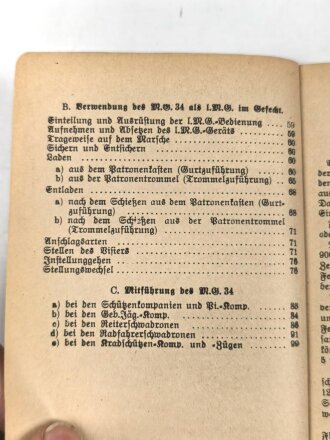 D. 127/1 "Anleitung für die Bedienung und Verwendung des M.G. 3,4 Teil 1" datiert 1936, 102 Seiten, DIN A6, gebraucht