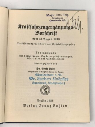 "Kraftfahrzeugergänzungs-Vorschrift" eines Oberleutnant und eines Majors aus Innsbruck mit desen Unterschrift, datiert 1938, 76 Seiten, DIN A6, gebraucht