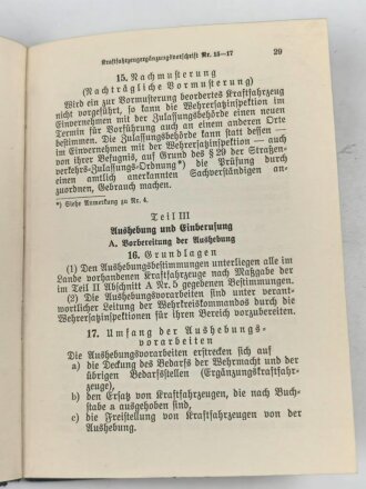 "Kraftfahrzeugergänzungs-Vorschrift" eines Oberleutnant und eines Majors aus Innsbruck mit desen Unterschrift, datiert 1938, 76 Seiten, DIN A6, gebraucht