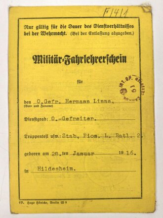 Militär-Fahrlehrerschein eines Obergefreiten bei Stab Pionier Lehr. Batl. 2.  datiert 1941