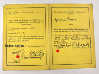 Militär-Fahrlehrerschein eines Obergefreiten bei Stab Pionier Lehr. Batl. 2.  datiert 1941