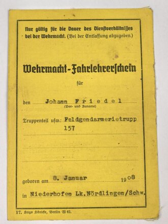 Militär-Fahrlehrerschein eines Stabsfeldwebel beim Feldgendarmerietrupp 157, datiert 1942