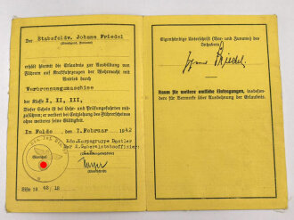 Militär-Fahrlehrerschein eines Stabsfeldwebel beim Feldgendarmerietrupp 157, datiert 1942