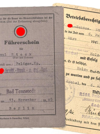 Waffen SS,  Führerschein und Betriebsberechtigungsschein eines SS-Schützen, ausgestellt 1945, Hakenkreuze übermalt