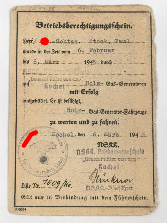 Waffen SS,  Führerschein und Betriebsberechtigungsschein eines SS-Schützen, ausgestellt 1945, Hakenkreuze übermalt
