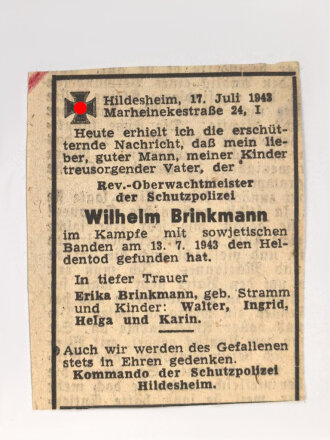 Wehrpaß ausgestellt 29.11.1939 in Hildesheim. Ohne weitere Einträge, dazu ein Schreiben " Nachlaßgut Ihres im Kampf gefallenen Ehemannes" von 1943