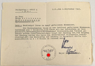 Wehrpaß ausgestellt 29.11.1939 in Hildesheim. Ohne weitere Einträge, dazu ein Schreiben " Nachlaßgut Ihres im Kampf gefallenen Ehemannes" von 1943