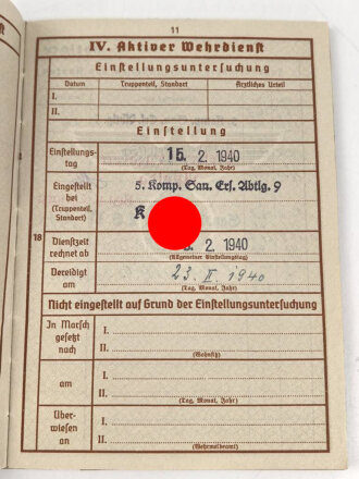 Wehrpaß Heer, eingestellt am 15.21940 bei " Sanitäts Ersatz Abteilung 9 Kassel"